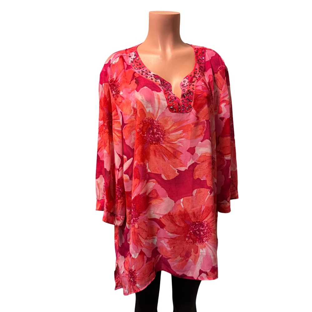 Floral Pink and Red Blouse with Embellished Neckline